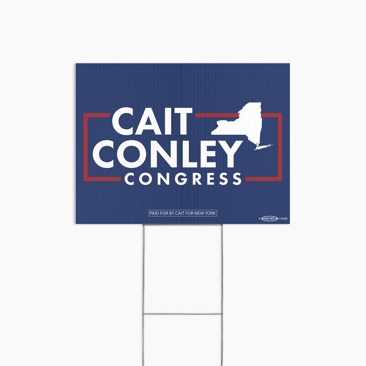 Blue political yard sign with white text "Cait Conley Congress" and red outline of New York state.