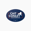 Oval navy blue bumper sticker with white text "CAIT CONLEY CONGRESS" and a red outline of New York state.