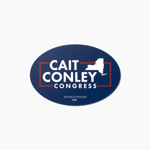 Oval navy blue bumper sticker with white text "CAIT CONLEY CONGRESS" and a red outline of New York state.