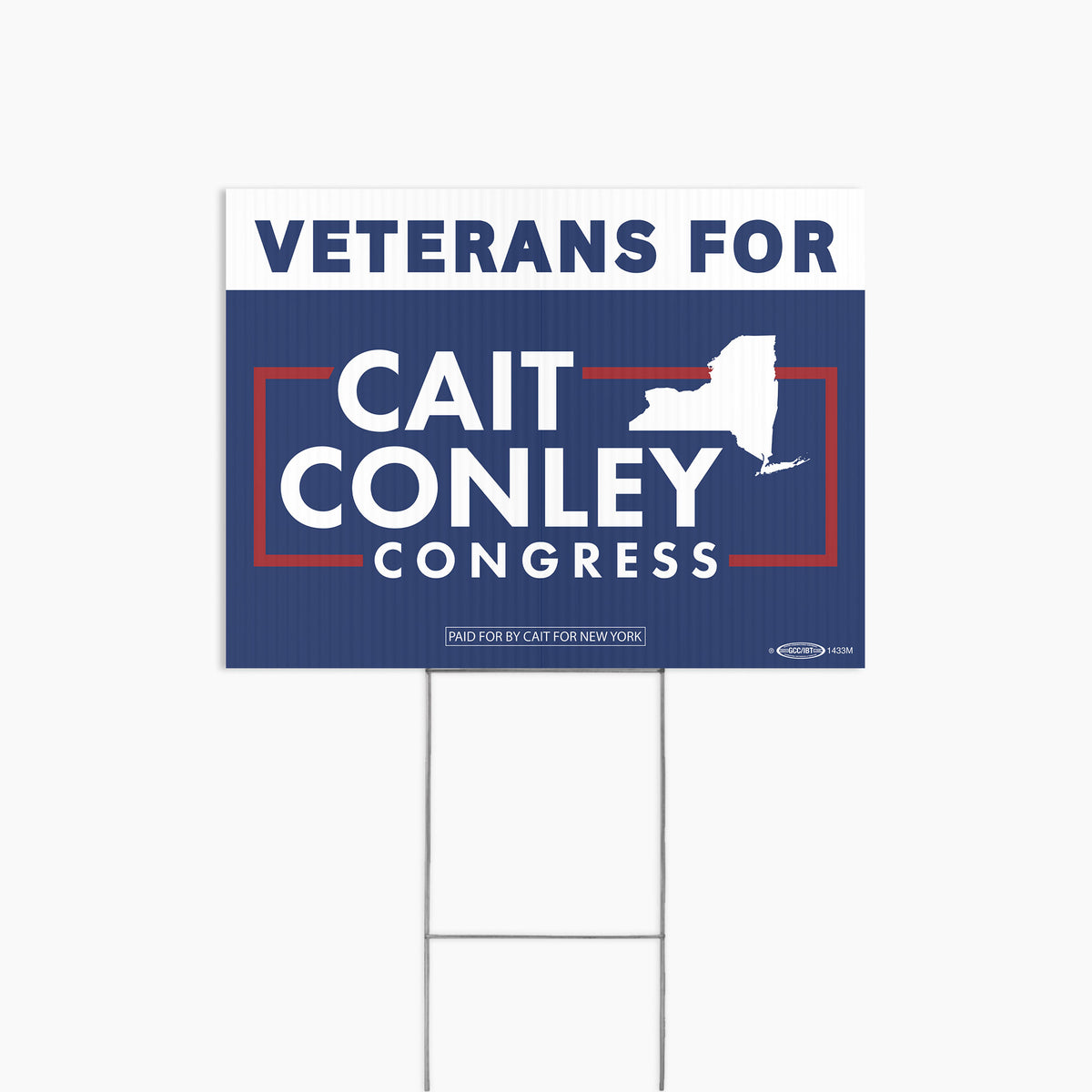 Yard sign with white and navy background, text "Veterans for Cait Conley Congress," and New York state outline in white.